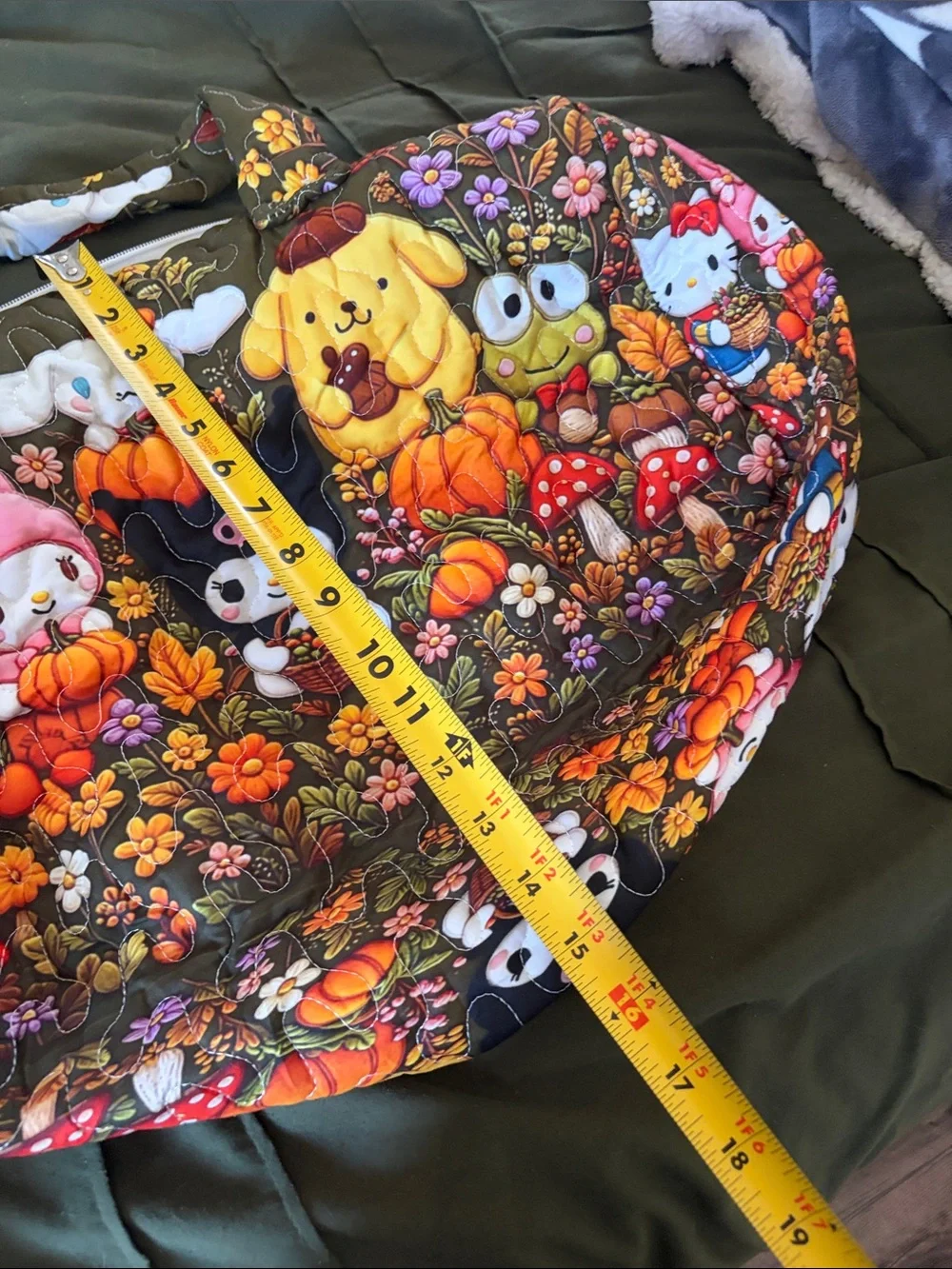 Sanrio Quilted Carrier Bag in Olive Green with Autumn Character Print New Large